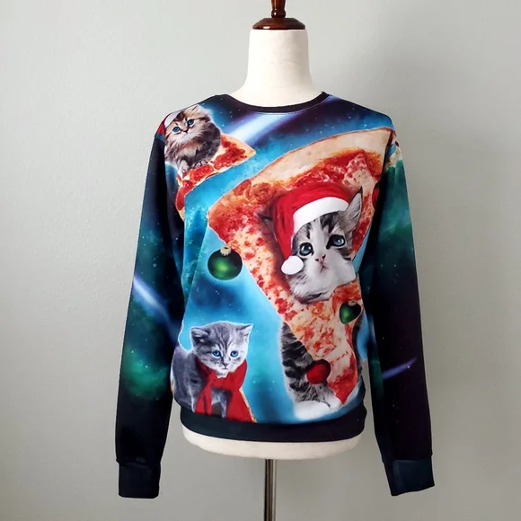 Cats & Pizza Blue Christmas Holiday Sweatshirt, Size Medium/ Large - Picture 1 of 12